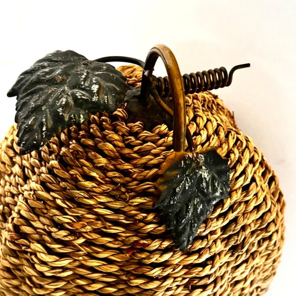 Vtg Metal Jute Rope Pumpkin with Metal Leaves & Stem Fall Thanksgiving Halloween - Picture 8 of 9